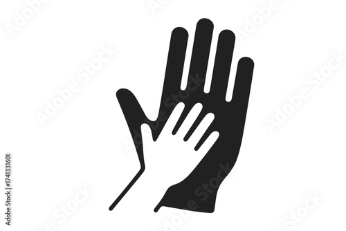 Child hand on adult palm vector icon. Symbol of family, care, help, support, and protection. Graphic element for charity, adoption, community, parenting, trust, and love.