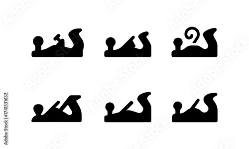Set of six silhouette woodworking plane icons for craft and tool design