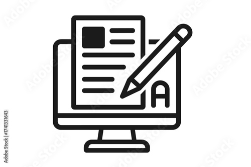 Writing online content vector graphic. Computer screen with pen, text icon. Blogging, copywriting, article creation concept. Digital document, storytelling, editing. SEO symbol.