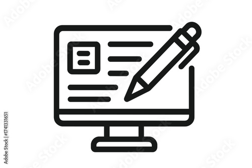 Writing online content, copywriting and blogging concept. Pen editing text on computer screen. Digital author, journalist or writer symbol. Content creation vector icon.