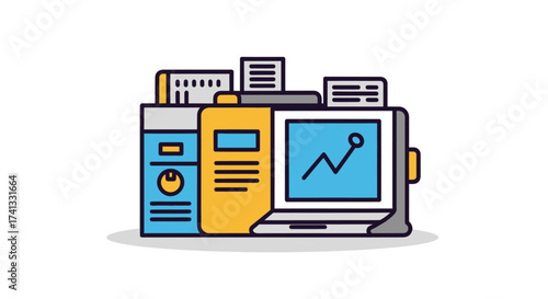 Retro desktop computer setup with a monitor displaying a data graph a tower and a printer.