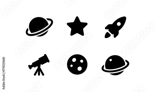Silhouette space icons: planet, rocket, telescope, star, moon designs