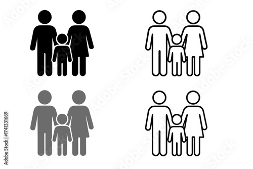 Family icon with parents and child. People pictogram collection. Man, woman, kid symbol. Concept of parenthood, couple, relationship, childcare, adoption. Vector graphic element.