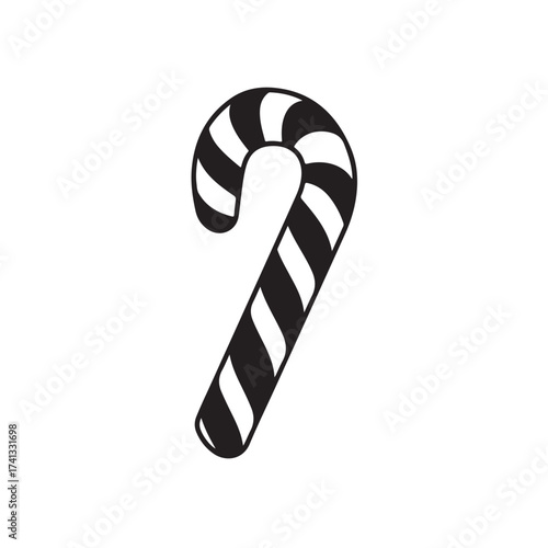 Candy cane silhouette, festive holiday vector, Christmas candy cane silhouette vector Illustration on white background, Black and white candy cane silhouette