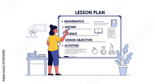 Teacher planning a lesson on a whiteboard with subjects and objectives.