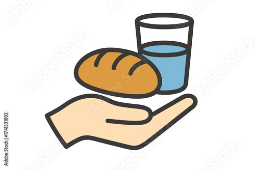 Food donation icon with a hand offering bread and water. Vector graphic element for charity, groceries, generous assistance, and support. Concept for hunger and poverty.
