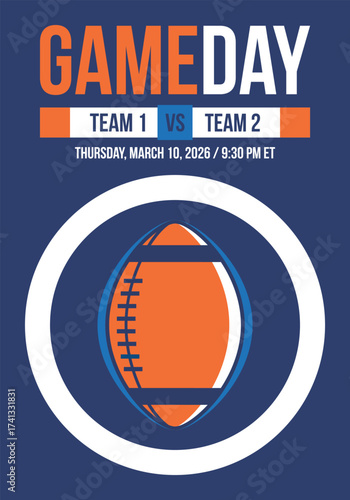 Game Day. American football playoff. Super Party in United States. Final game of regular season. Professional team championship. Ball for american football. Sport poster. Vector illustration