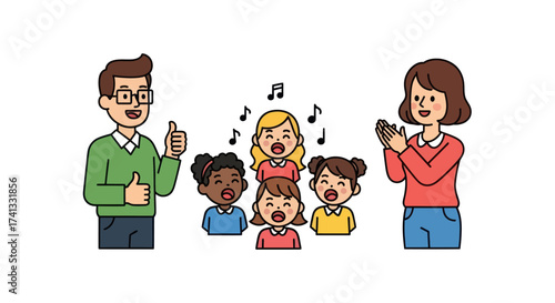 Happy Diverse Children Singing in a Music Class with Supportive Teachers Cartoon Illustration.