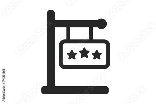 Hotel sign icon with three stars. Vector symbol for travel, tourism, vacation, and hospitality. Graphic element for accommodation, booking, resort, motel, lodging. 3 star rating.