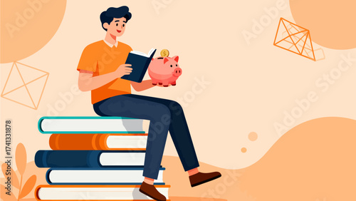 Man sitting on books reading with piggy bank