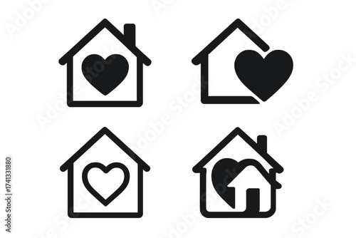 House with heart icon set. Home love logo collection. Vector sign for real estate, property, family, and care. Simple building symbol for charity or community shelter design.