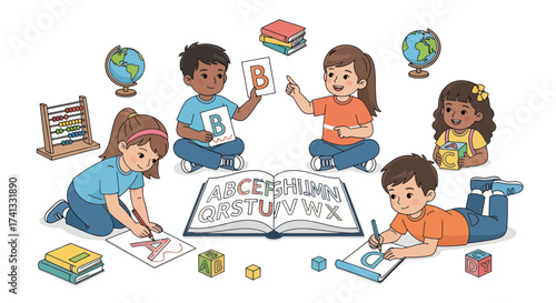 Diverse young children engaged in early learning activities with educational materials.