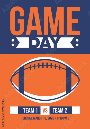 Game Day. American football playoff. Super Party in United States. Final game of regular season. Professional team championship. Ball for american football. Sport poster. Vector illustration