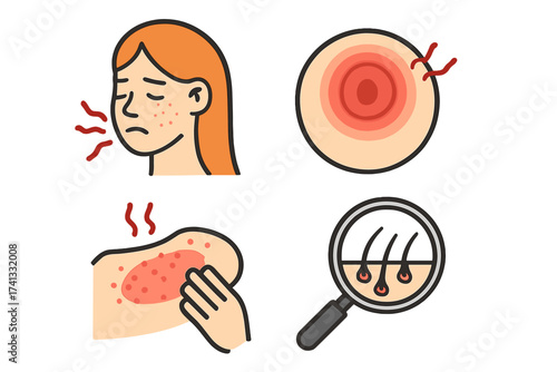 Skin problems vector icon set. Dermatology concepts like allergy, rash, acne, and pain. Medical healthcare symbols for disease symptoms, inflammation, itching, skin analysis.