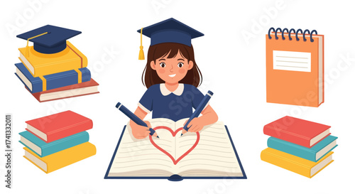 Cheerful Student Writing in Notebook with Graduation Cap.