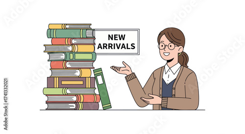 Friendly librarian presenting a stack of new arrival books.