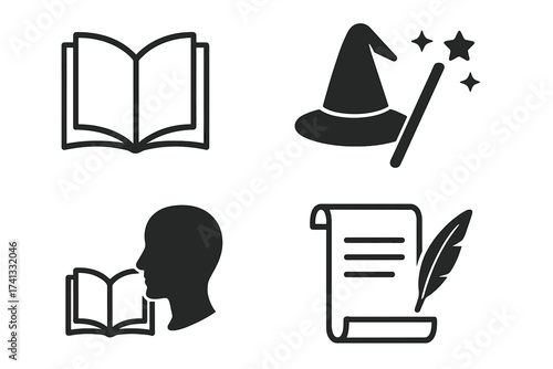 Story writing and reading icon set. Open book, wizard hat, magic wand, head silhouette. Scroll with quill pen. Storytelling, literature, fairytale, education, imagination concept.