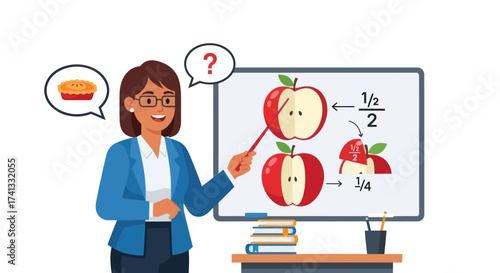 Smiling female teacher explaining math fractions with apple examples on a whiteboard.
