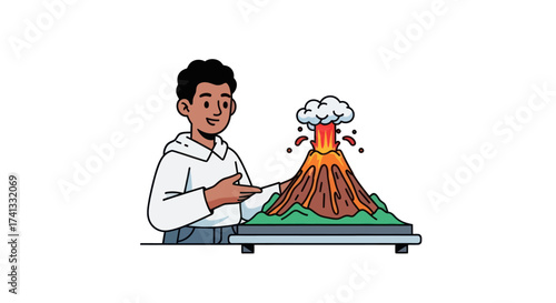 Boy Presenting a Volcano Model with Erupting Lava and Smoke.