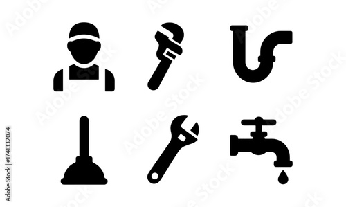 Essential plumbing tools and icons set in bold silhouette design