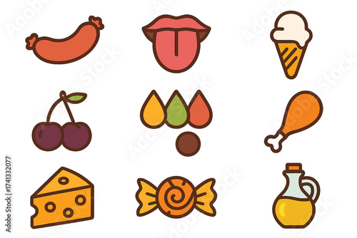 Food and taste icon set. Vector collection of different flavors like sweet, salty, sour. Cooking ingredients and products. Isolated cartoon illustration on white background.