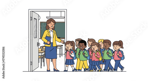 Teacher and Students Entering Classroom: A Colorful Cartoon Illustration.