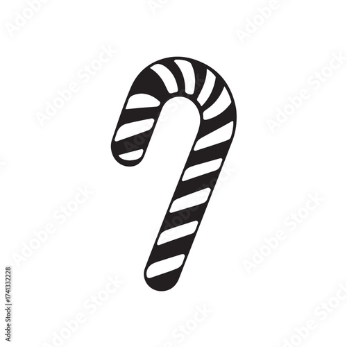 Candy cane silhouette, festive holiday vector, Christmas candy cane silhouette vector Illustration on white background, Black and white candy cane silhouette