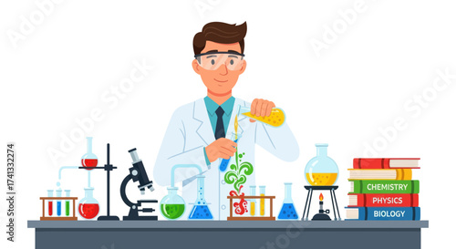Cartoon Scientist Performing Experiment in Laboratory with Beakers and Microscope.