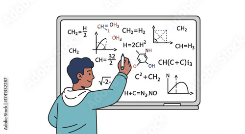 Cartoon Man Writing Complex Chemistry and Math Formulas on Whiteboard.