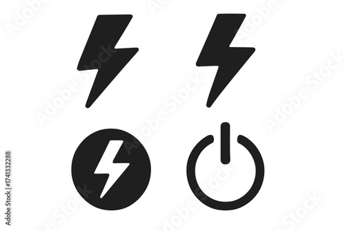Power icon set. Lightning bolt, flash, thunder symbol. Energy, electricity, charge sign. On off button. Start, switch concept. Vector graphic illustration silhouette.