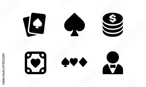 Casino icons set: cards, chips, suit symbols, and dealer silhouette in black and white