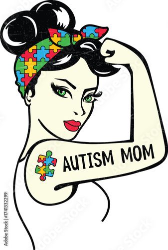 Autism Mom Rosie the Riveter Style with Puzzle Pieces and Strong Bicep Tattoo