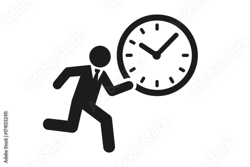 Man running with clock icon. Time management, deadline pressure concept. Businessman rushing, hurry for schedule appointment. Working against time vector pictogram element.