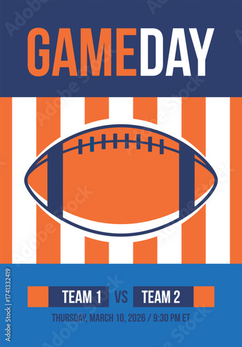 Game Day. American football playoff. Super Party in United States. Final game of regular season. Professional team championship. Ball for american football. Sport poster. Vector illustration