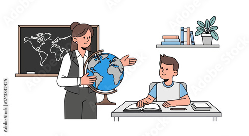 Teacher Explaining Geography to Student with Globe and Map.