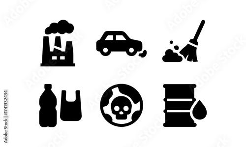 Environmental pollution icons: industrial, automotive, waste, toxic substance symbols
