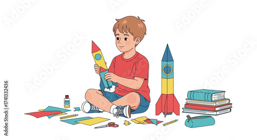Young boy building and painting colorful model rockets with craft supplies.