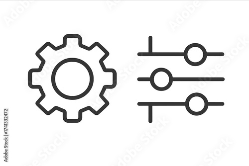 Settings icon set with gear and sliders. Configuration, adjustment and filter control panel symbol. Customization options and parameters for web UI. Vector line art.