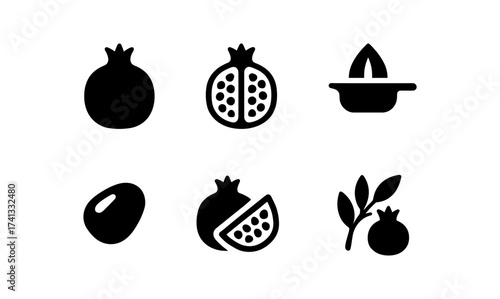 Pomegranate icons: minimalist silhouette set with seeds, juicer, and leaf designs