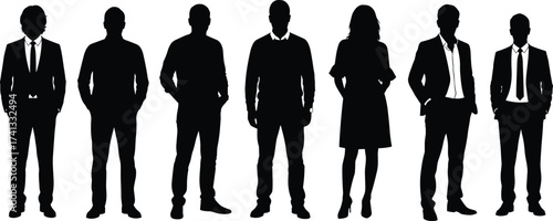 Silhouettes of business professionals standing in formal and casual attire, representing teamwork, leadership, collaboration, career, corporate success, workplace unity