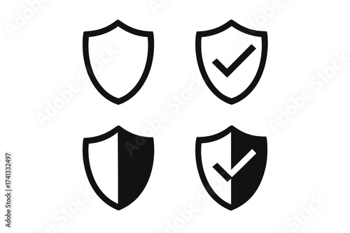 Shield security checkmark icon set. Antivirus protection logo. Safety verified badge. Secure guard symbol. Data privacy pictogram. Insurance guarantee emblem. Approved concept.