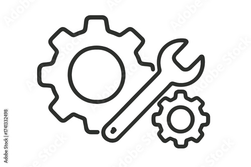 Setting icon, configuration symbol with gear and wrench. Technical support or service sign. Maintenance, repair tool. Setup, options, preferences pictogram. Engineering concept.