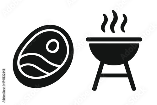 Steak and grill icon set. Barbecue concept vector illustration. Raw meat and hot BBQ symbol for restaurant menu or grilling party. Cooking food silhouette design element.