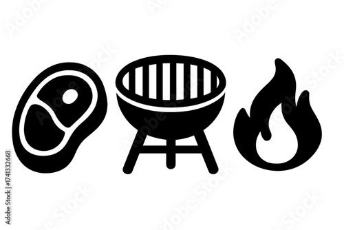 BBQ grill icon set. Steak, fire flame symbols. Barbecue cooking concept. Vector silhouette of meat, charcoal grill, heat. Butchery, steakhouse logo. Food picnic graphic.