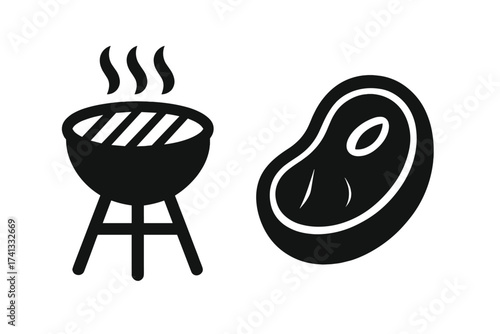 Grill and steak icon set. Barbecue symbol. BBQ party pictogram. Beef meat silhouette. Cooking food concept. Summer cookout sign. Vector graphic for butcher or steakhouse menu.