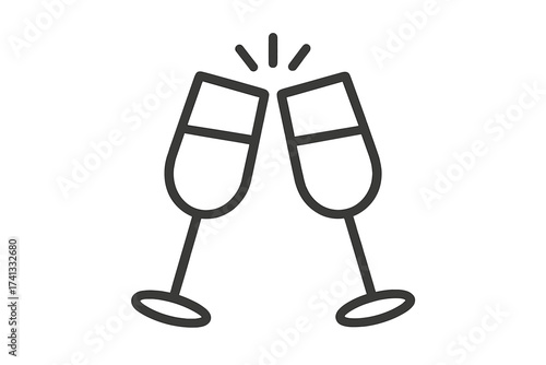 Two champagne glasses toast icon. Cheers clinking flutes for celebration, party, success, new year, wedding, or anniversary. Alcohol drink vector. Line art graphic symbol.