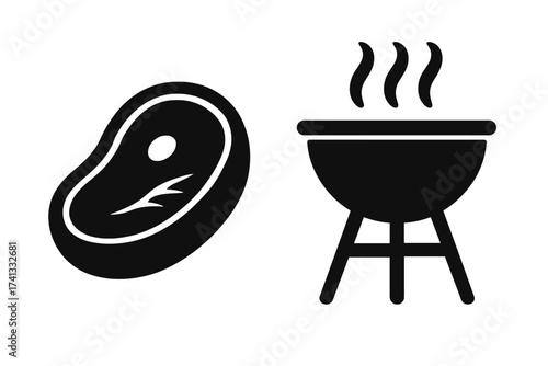 Steak and grill icon set. Barbecue vector symbol. Raw beef steak meat and hot charcoal BBQ silhouette. Cooking food concept for steakhouse menu, butchery logo or picnic.
