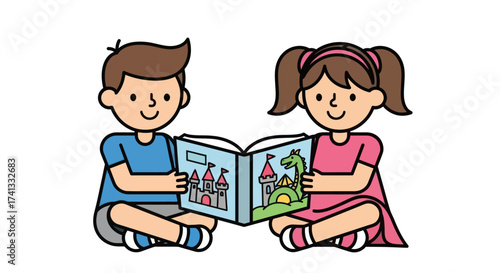 Cartoon Children Happily Reading a Fairytale Storybook Together.