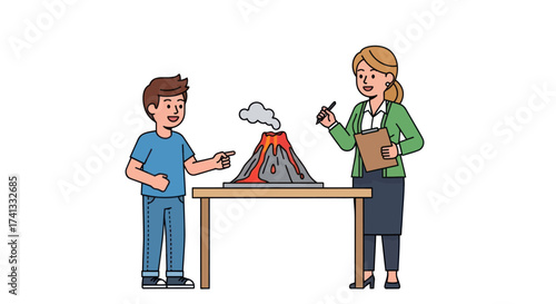 Boy and Teacher Observing a Volcano Model Eruption on a Table.