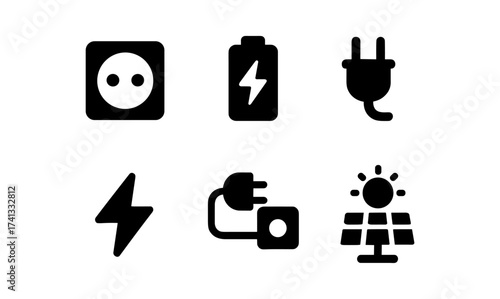 Essential energy icons: power plugs, battery, and solar panel symbols in minimalist black